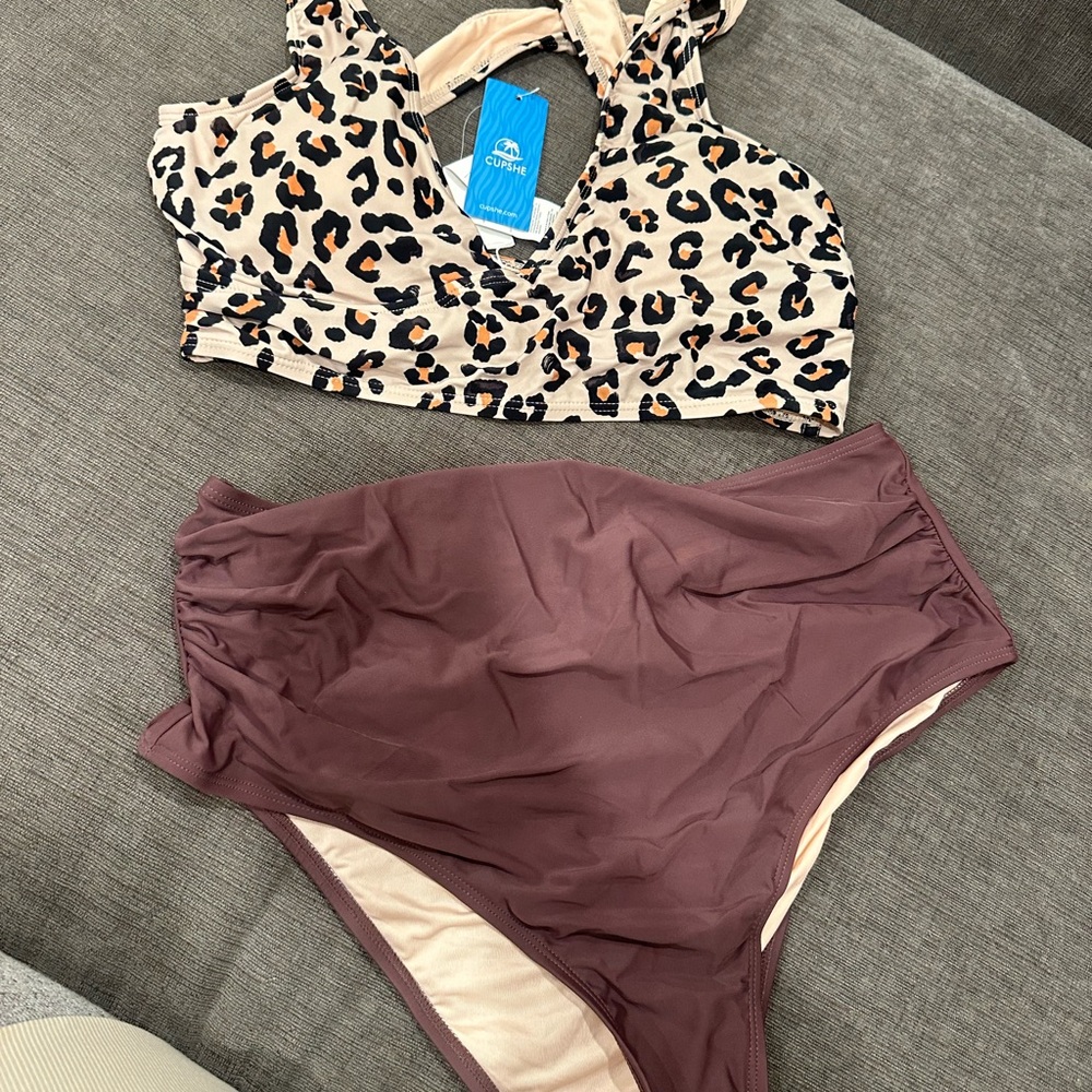 Cupshe Leopard Print Bikini Top and Brown High-Waist Bottoms
